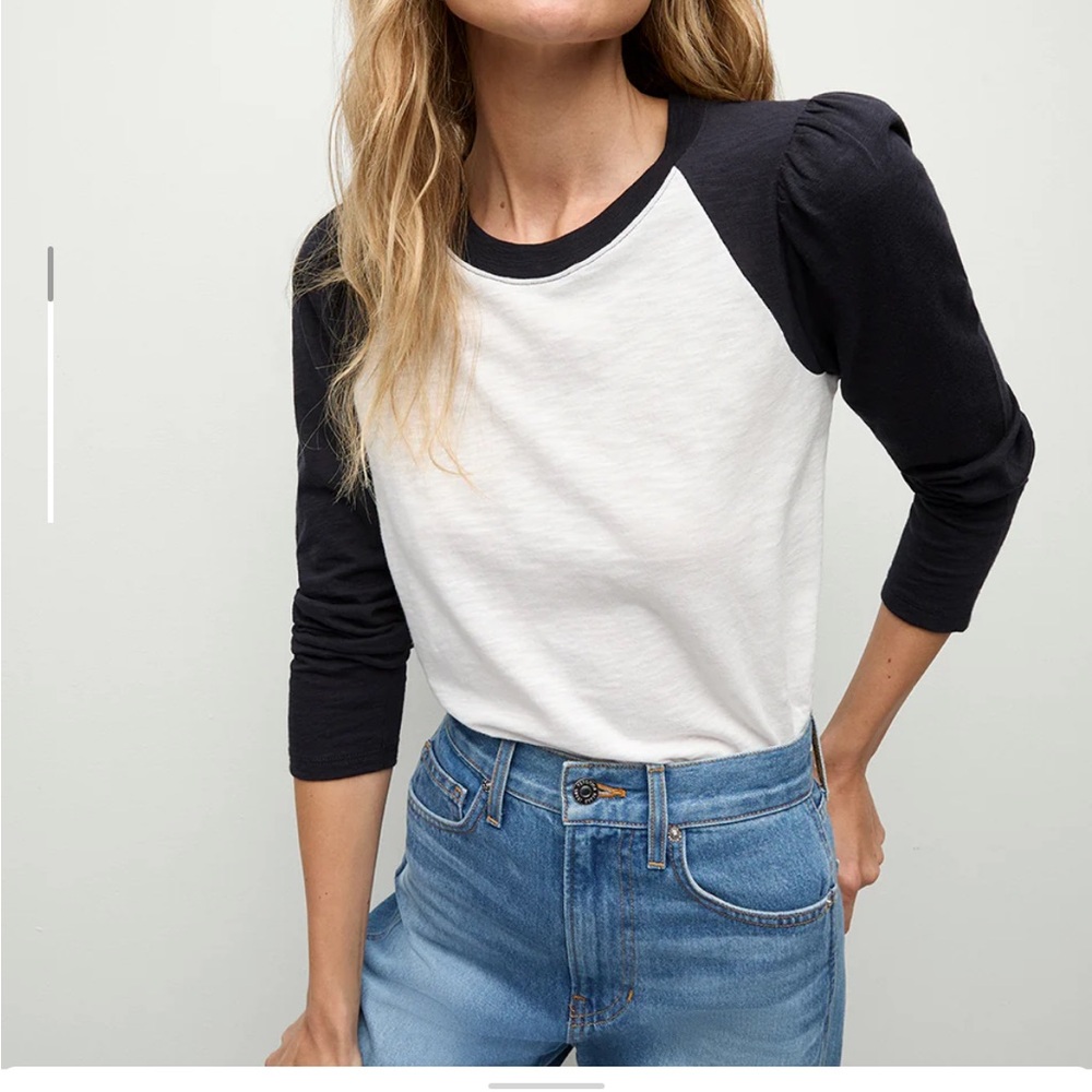Veronica Beard Mason baseball tee with puff sleeves white/navy size XS